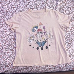 tan mushroom/flower/butterfly slightly cropped shirt